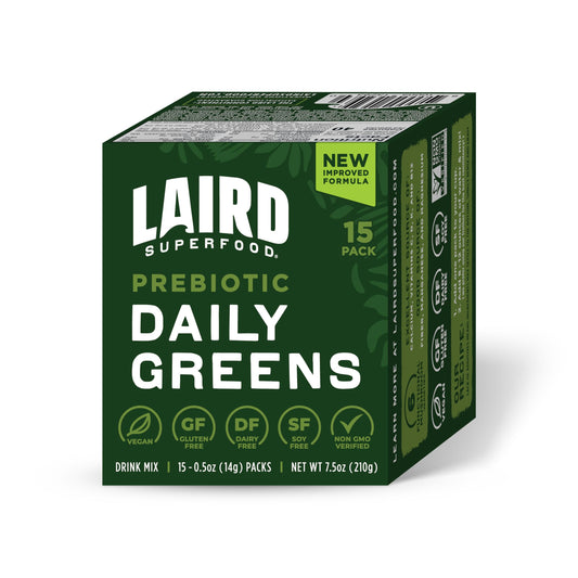 Front view of Laird Superfood Prebiotic Daily Greens powder sachets