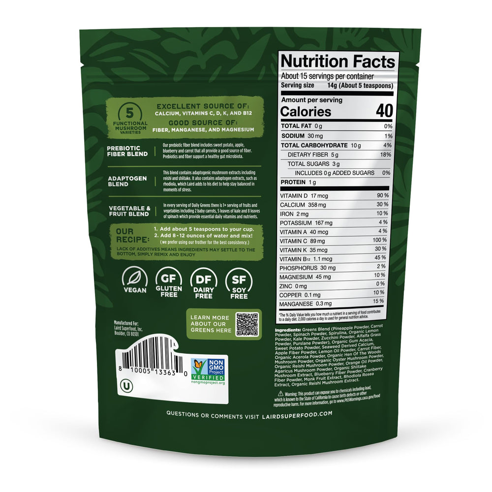 Ingredients of Laird Superfood Prebiotic Daily Greens Powder: Prebiotic Fiber, Adaptogens and Fruits & Vegetables