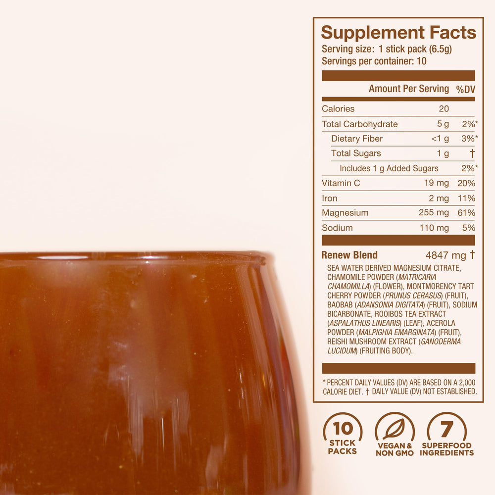 Ingredients overview highlighting tart cherry, acerola cherry, chamomile, hops, baobab and reishi
