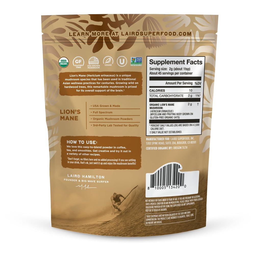 Packaging of Laird Superfood Lion's Mane Mushroom Powder