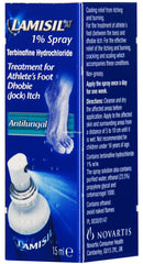 Lamisil 1% spray applying between toes for athlete's foot symptoms.