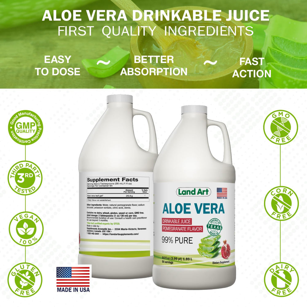 Close-up of bottle cap and label of Land Art Aloe Vera Juice Pomegranate