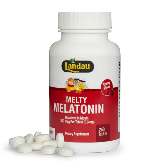Front view of Landau Melty Melatonin Cherry bottle (0.3mg / 300mcg)
