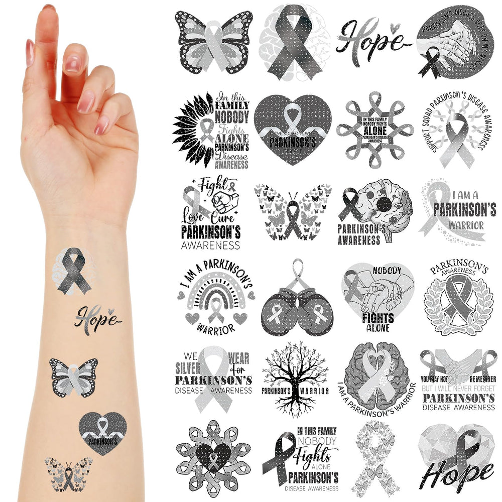 Landhoow Parkinson's gray ribbon glitter tattoos ready for awareness events