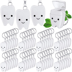 Tooth-shaped dental floss keychain packaging and mint-flavored floss