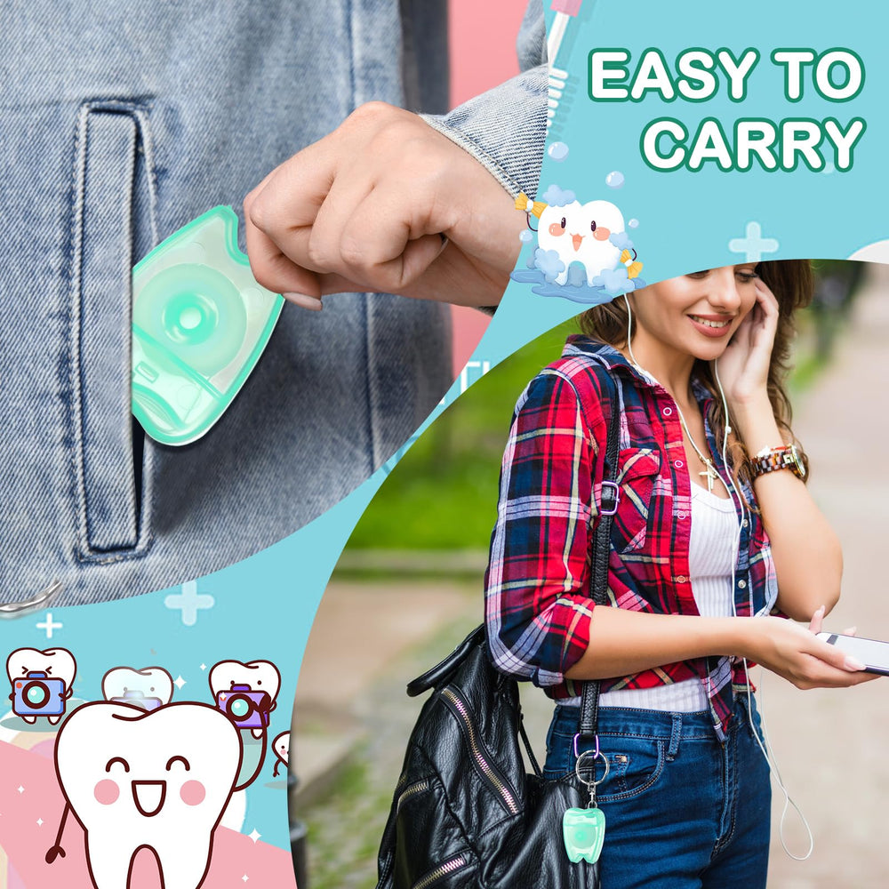 Dental floss keychain in use during travel