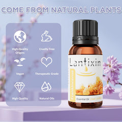 Lantixin Frankincense essential oil drops and bottle on a table.