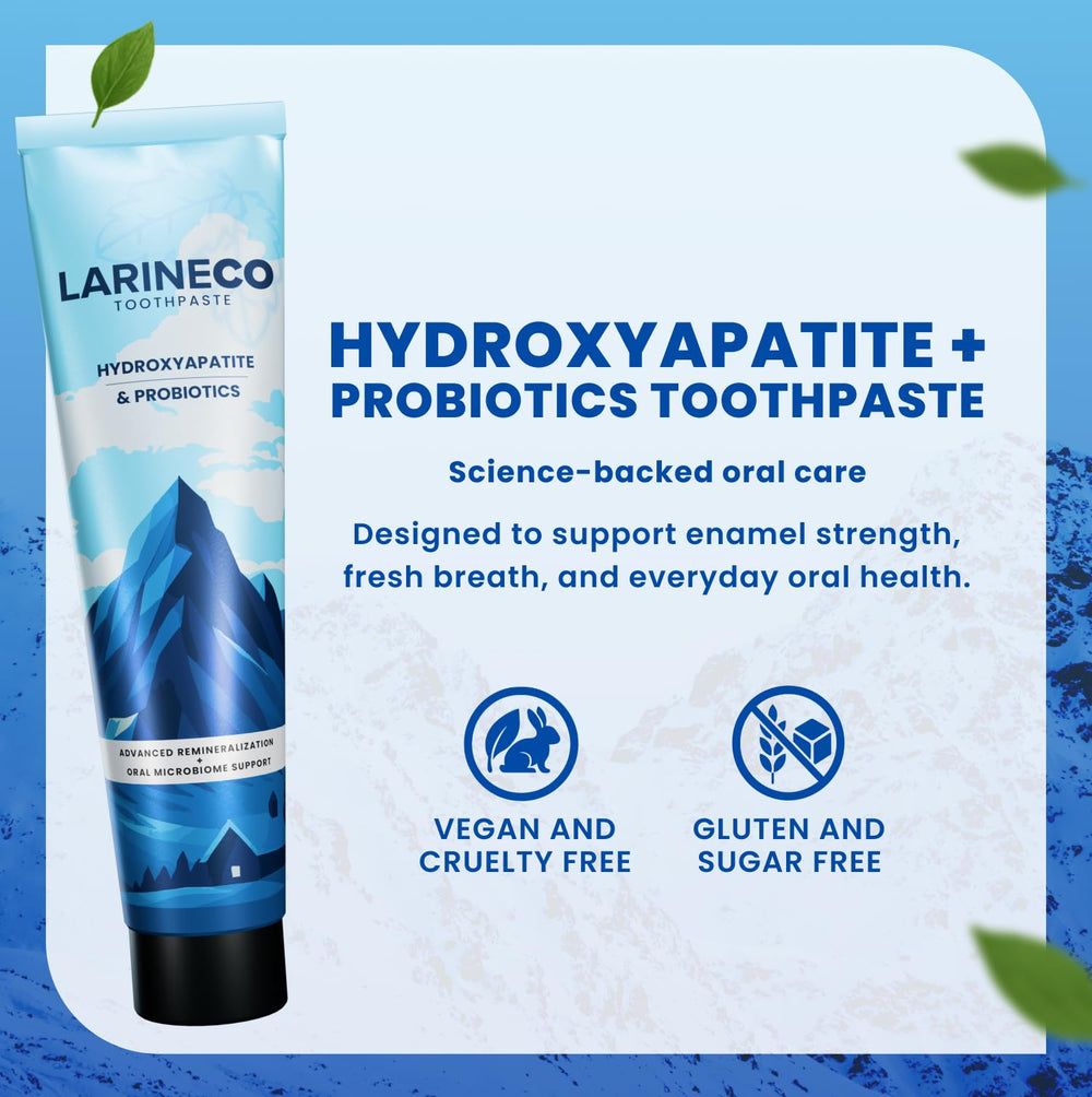 Close-up of Larineco Nano Hydroxyapatite toothpaste tube with foam