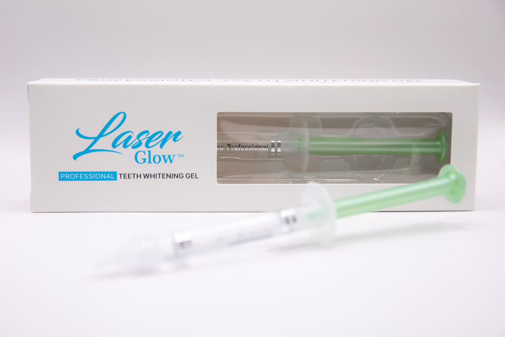 Packaging and syringe of LaserGlow teeth whitening gel for dentists and whitening technicians