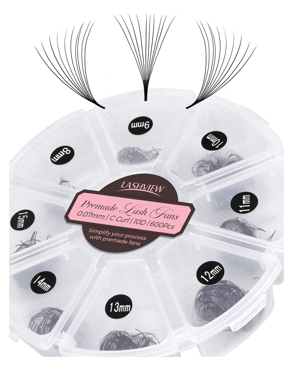 LASHVIEW 600 premade volume fan in mixed tray for bulk efficiency during sessions.