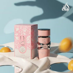 Artistic representation of the fragrance notes including vanilla, sandalwood, and musk.
