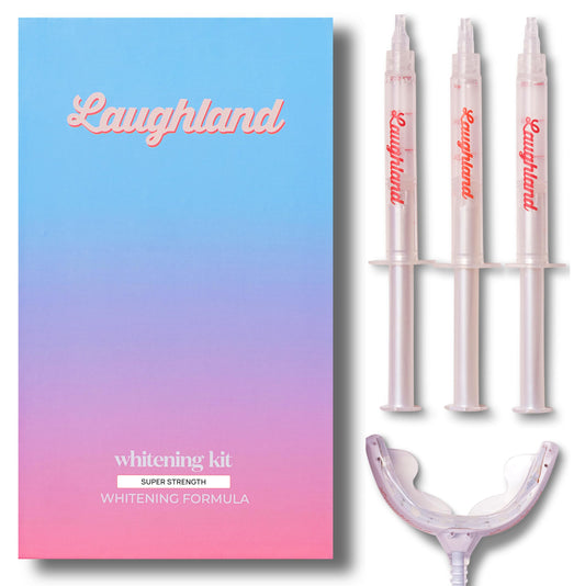 Laughland Teeth Whitening Kit contents on display