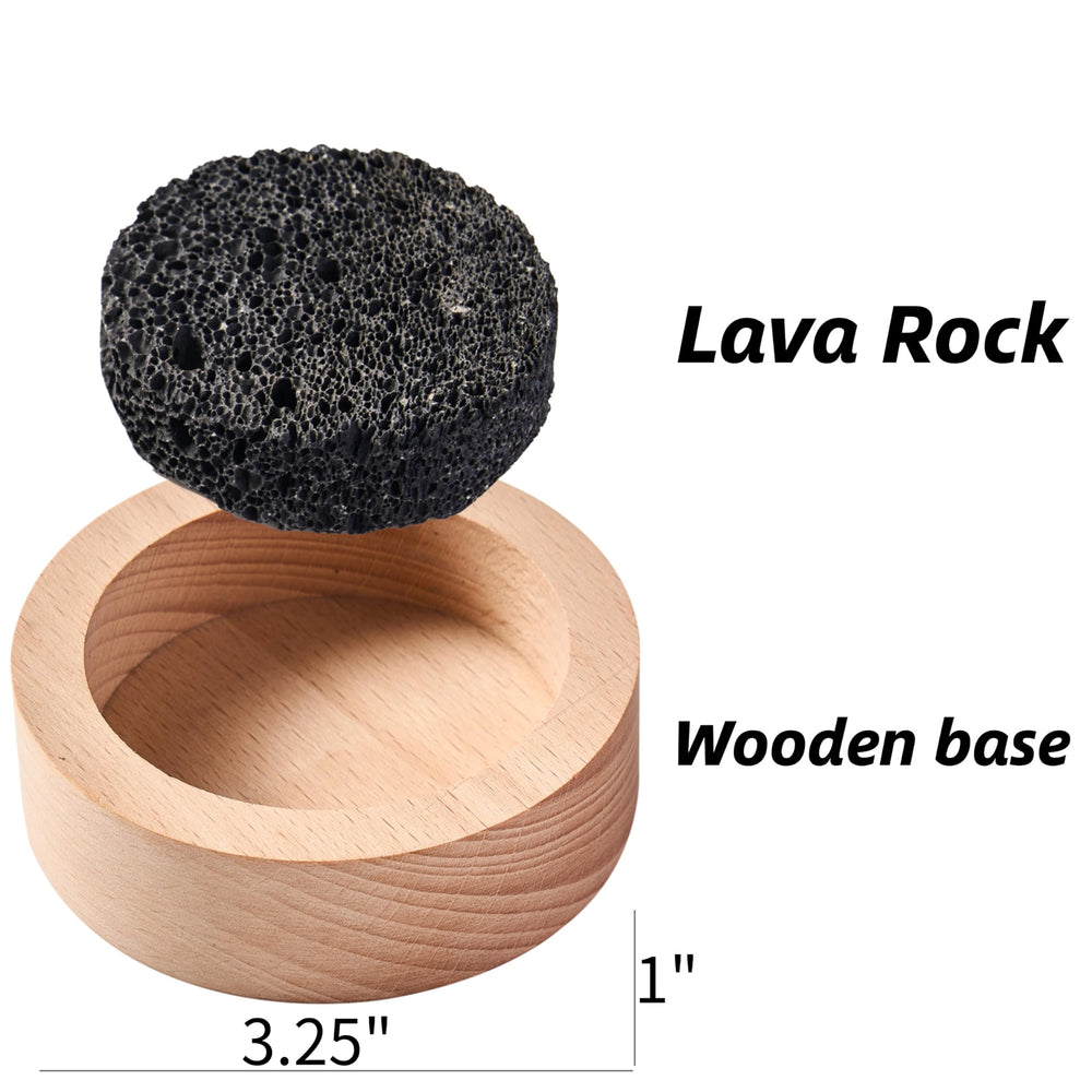 Lava rock diffuser with wooden base on a desk in an office setting