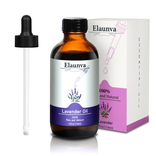 4 oz lavender essential oil in amber glass bottle with dropper