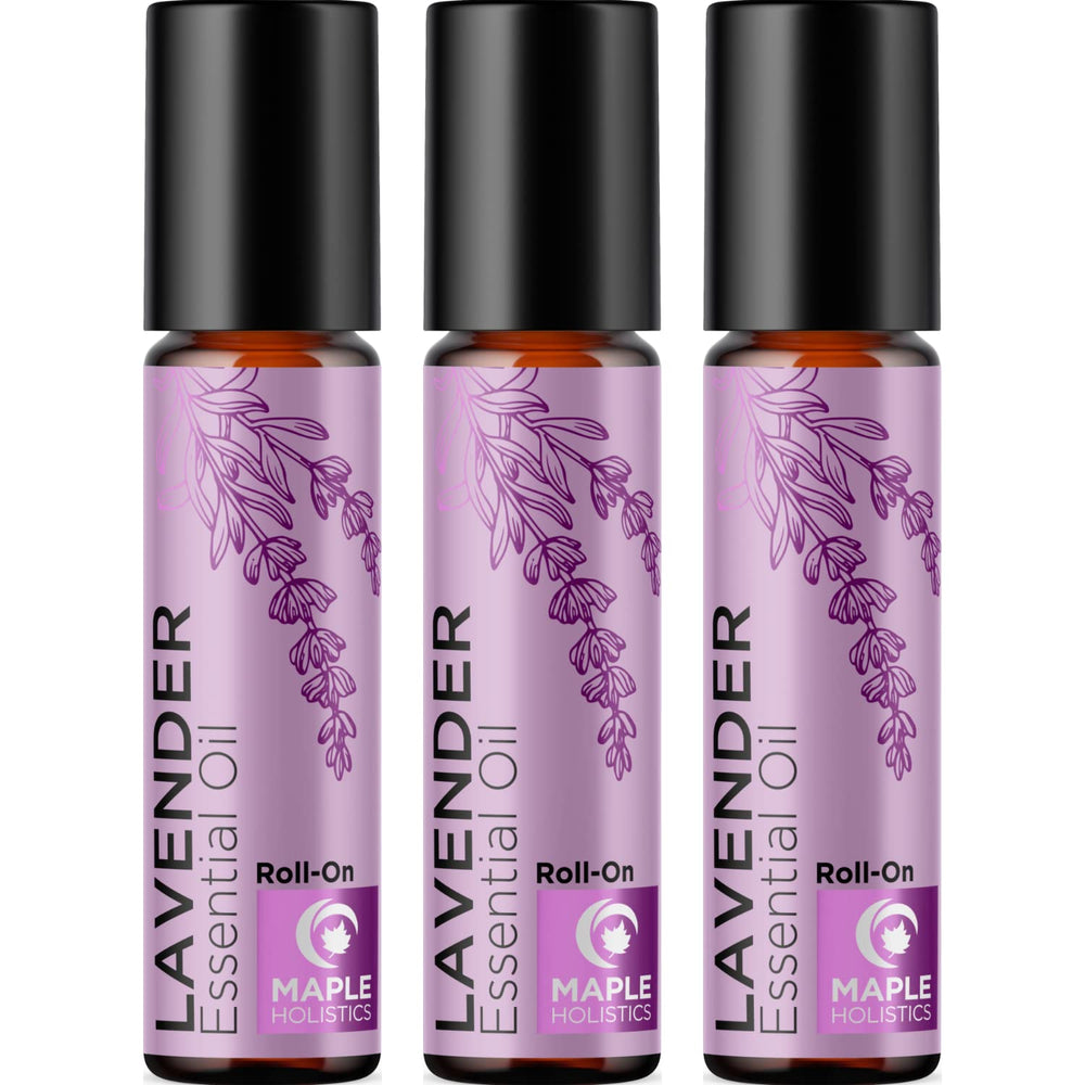 Lavender essential oil roll-on bottle displayed on a white background