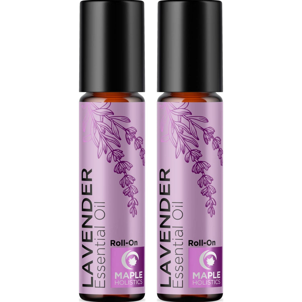 Lavender essential oil roll-on bottle with purple lavender flowers