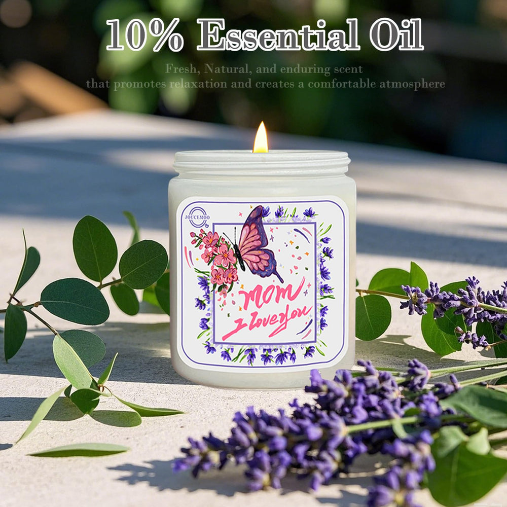 Close-up of Lavender Eucalyptus candle with lavender accents