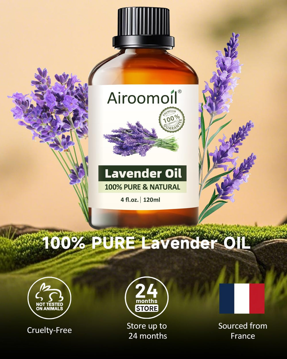 Amber glass bottle of lavender essential oil with dropper