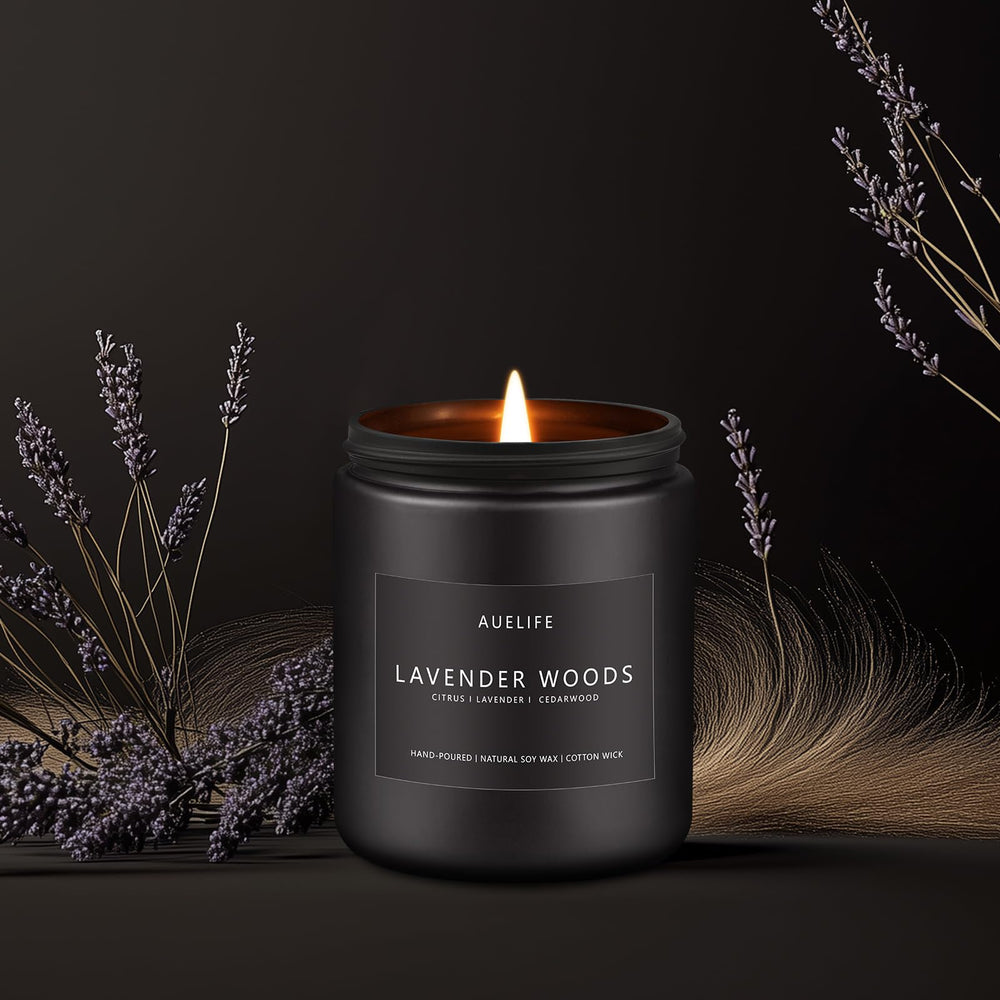 Masculine home decor with a lavender & wood scented candle in a black jar