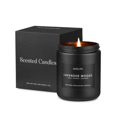 Lavender & Wood candle in matte black jar, front view