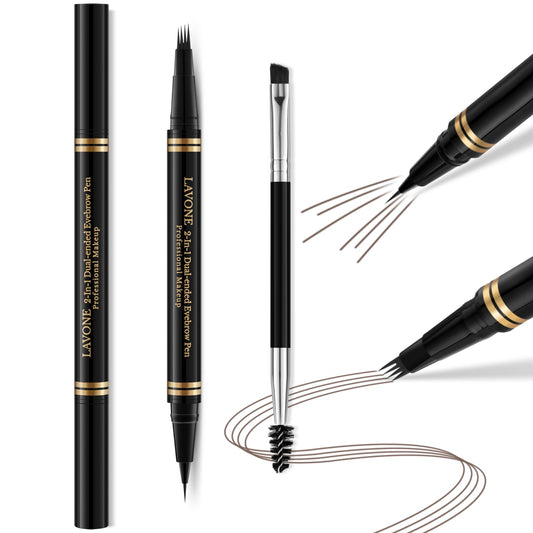 LAVONE eyebrow pen with 4-tip microblade creating natural hair-like strokes.