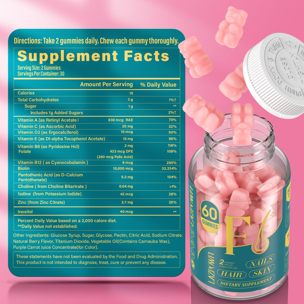 Lazpowfi Biotin Gummies daily dose visuals with 90-day supply.