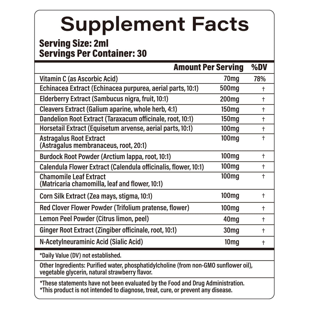 Lazpowfi Liposomal Lymph Drops label information shows vitamin C and herbs