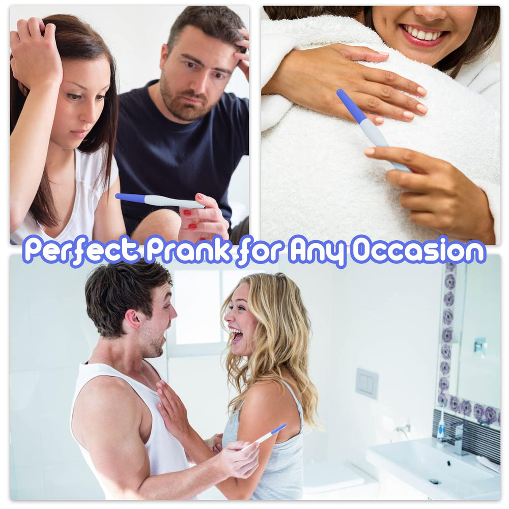 Usage and contents of LE TOOTER fake pregnancy test strips in blue and pink