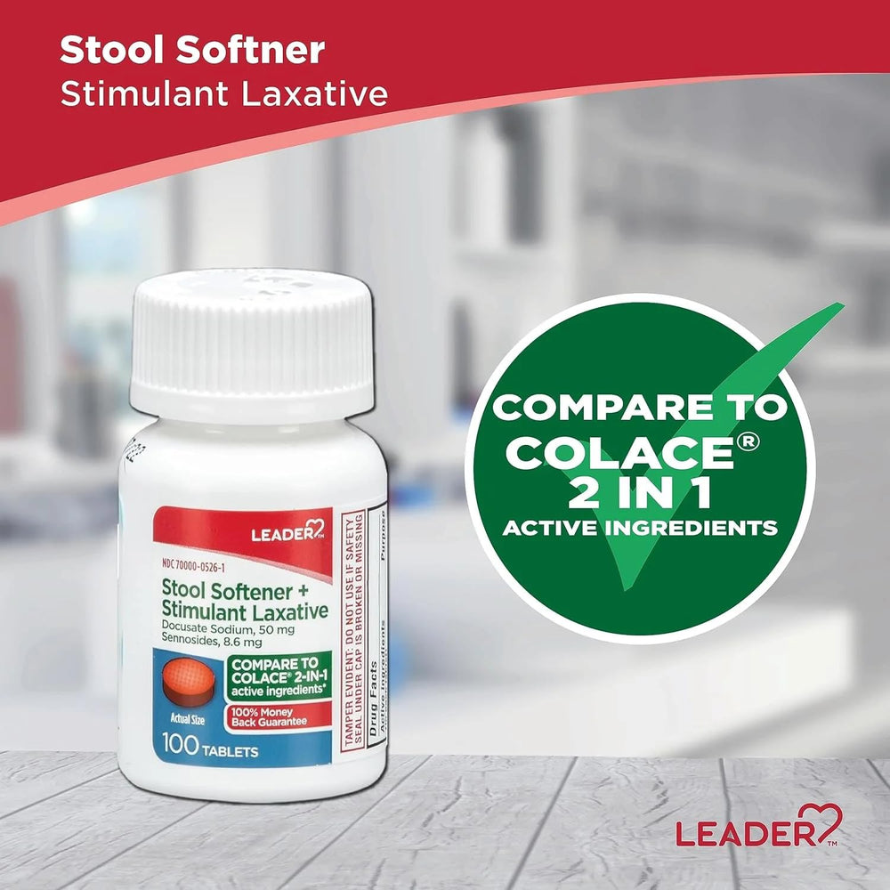 Leader 2-in-1 tablet visible, combining softener and stimulant.