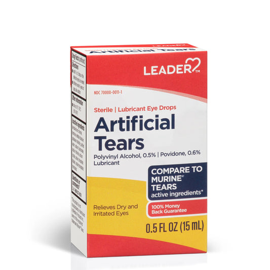 Leader Artificial Tears bottle close-up with sterile packaging for on-the-go lubrication.