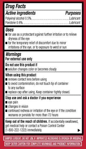 Leader Artificial Tears bottle label shows PVA and povidone for lubrication.