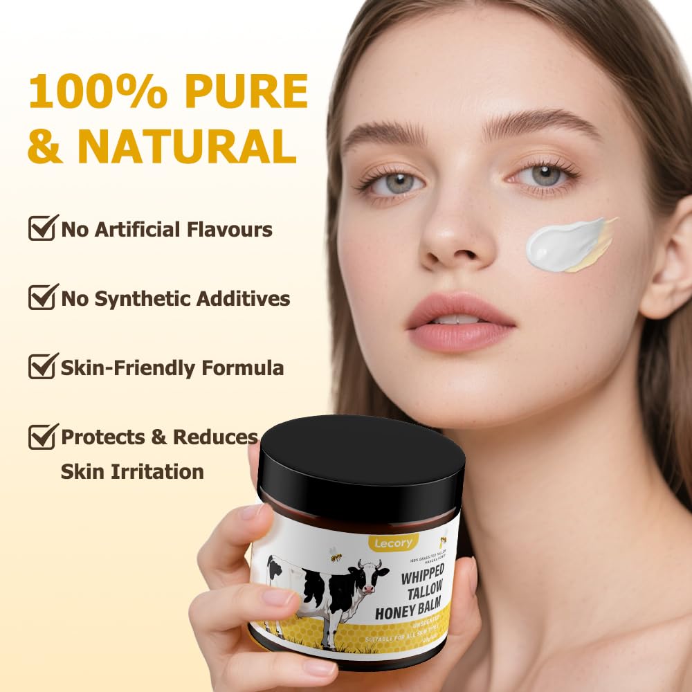 Lecory Beef Tallow Jar Closeup highlights a velvety whipped balm for fast absorption.