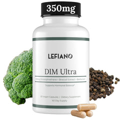 Lefiano DIM Ultra 350mg bottle label highlighting hormone balance for women and men