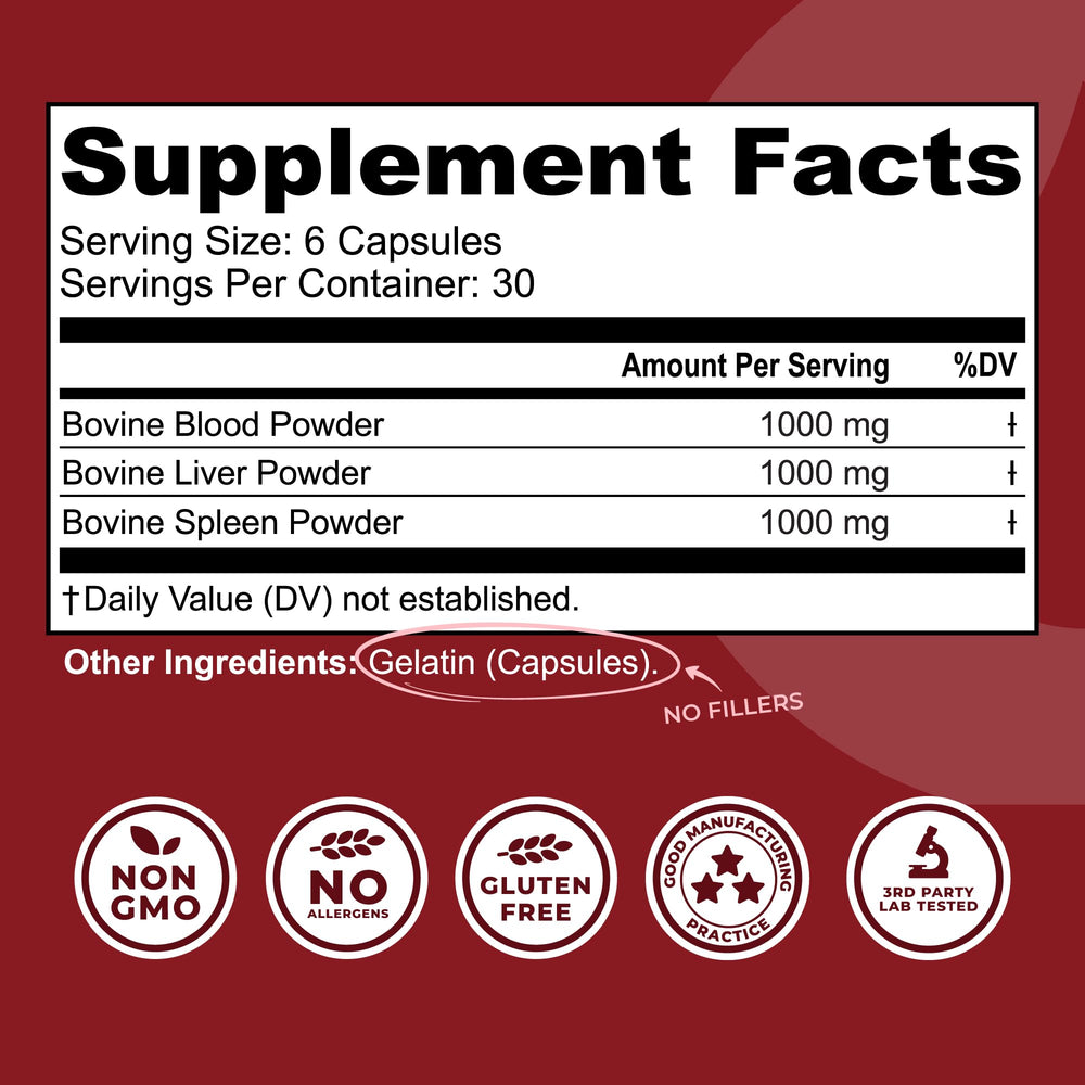 Close-up of freeze-dried bovine blood and liver capsules