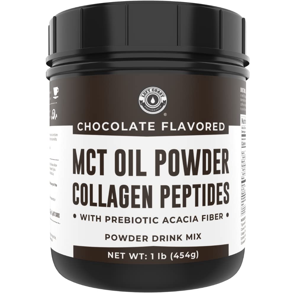 Left Coast Performance MCT Oil Powder bottle shows creamy keto coffee creamer texture.