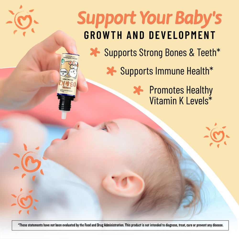 Back label of Legendairy Milk Baby Vitamin D3 K2 Drops bottle showing ingredients and directions
