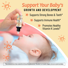 Back label of Legendairy Milk Baby Vitamin D3 K2 Drops bottle showing ingredients and directions