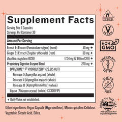Close-up of Bloat Baddie bottle showing probiotic and digestive health benefits