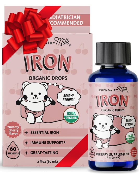 Front view of Legendairy Milk Organic Liquid Iron for Kids with Cherry flavor, 60 servings