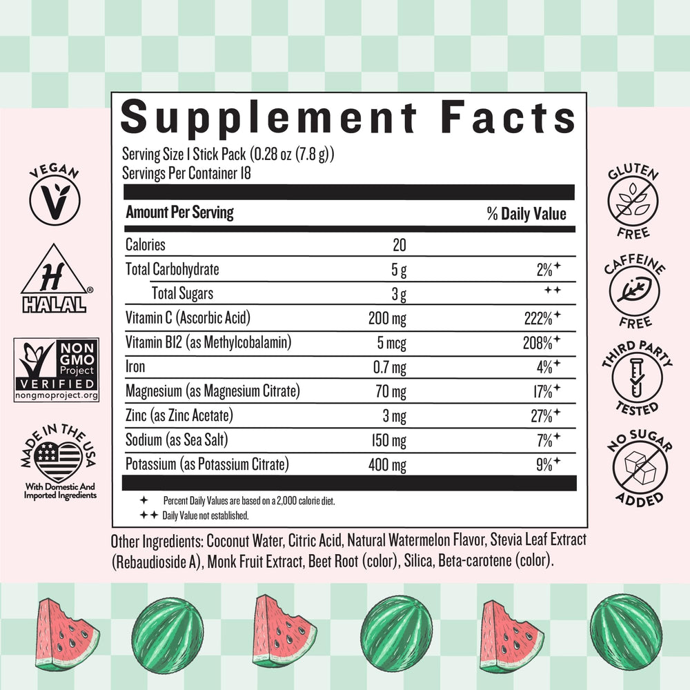Hydration packet being poured into a glass showing watermelon flavor