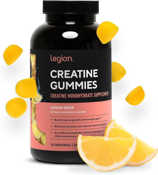 LEGION Creatine Monohydrate Gummies Lemon Drop bottle on white background