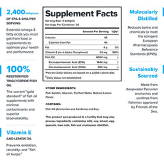 Nutrition information: 2400 mg EPA+DHA per serving with vitamin E and lemon oil