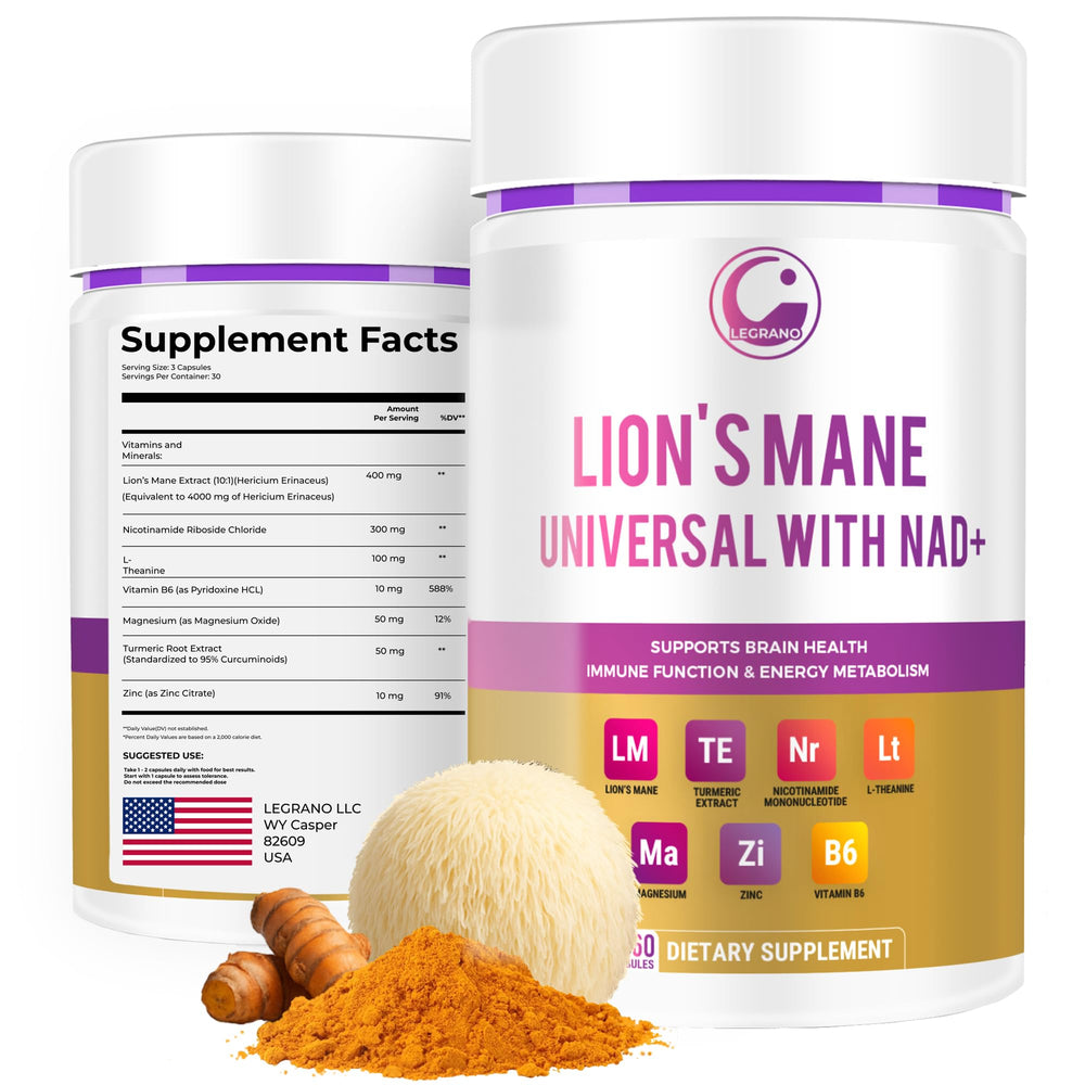 LEGRANO Lions Mane capsules bottle on white background