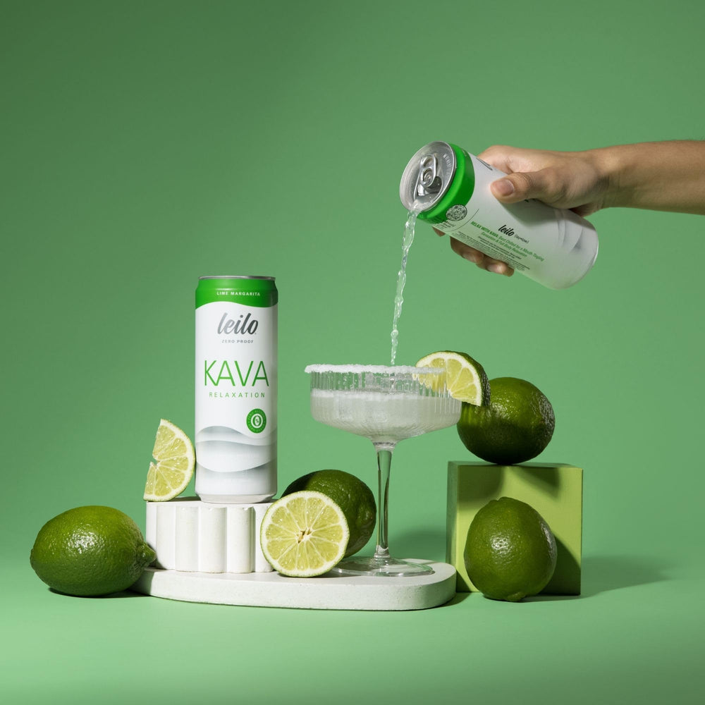 Close-up label of LEILO Kava Lime Margarita Mocktail
