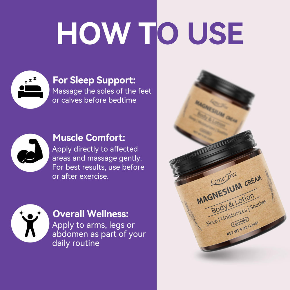 LemeTree Magnesium Cream applied on legs and chest for relaxation