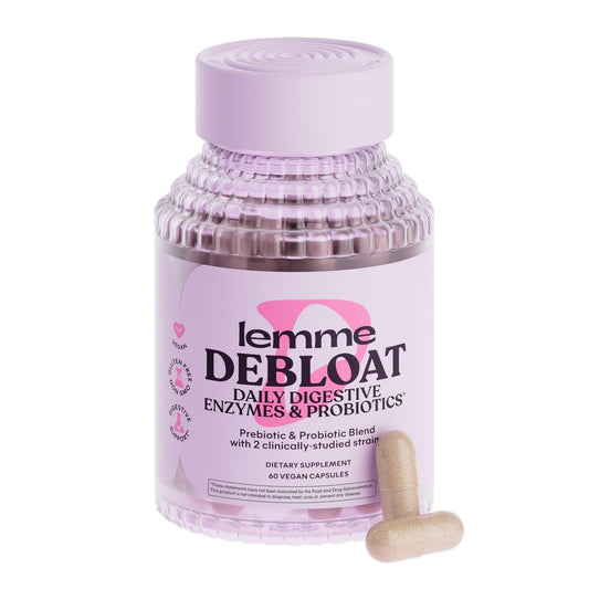 Lemme Debloat 3-in-1 probiotic, prebiotic and digestive enzyme capsules bottle close-up