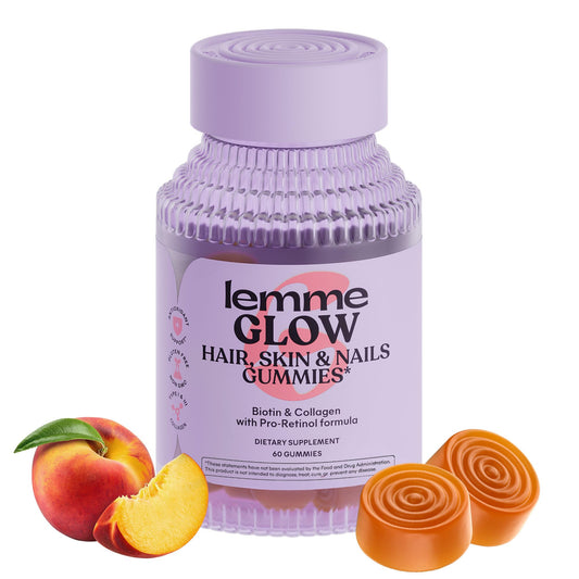 Lemme Glow Collagen Gummies peach flavor bottle and gummies