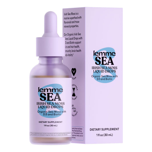 Bottle of Lemme Irish Sea Moss Organic Liquid Drops with Vitamin D3 and Biotin