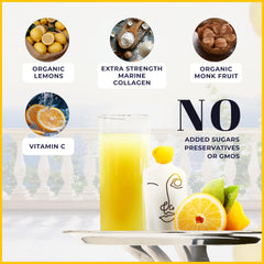 Fresh lemon slices beside a LEMON & CO. bottle to emphasize organic ingredients