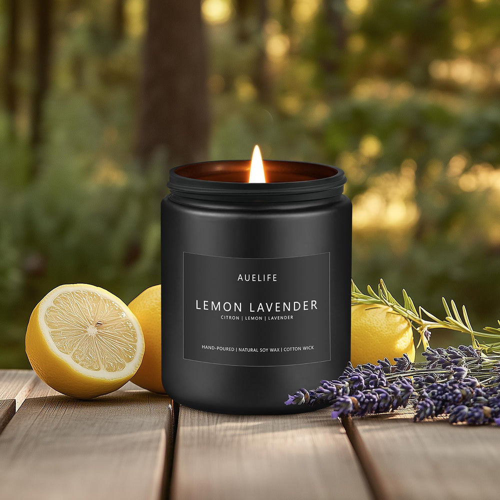 Lemon Lavender Soy Candle 7oz on rustic wood surface